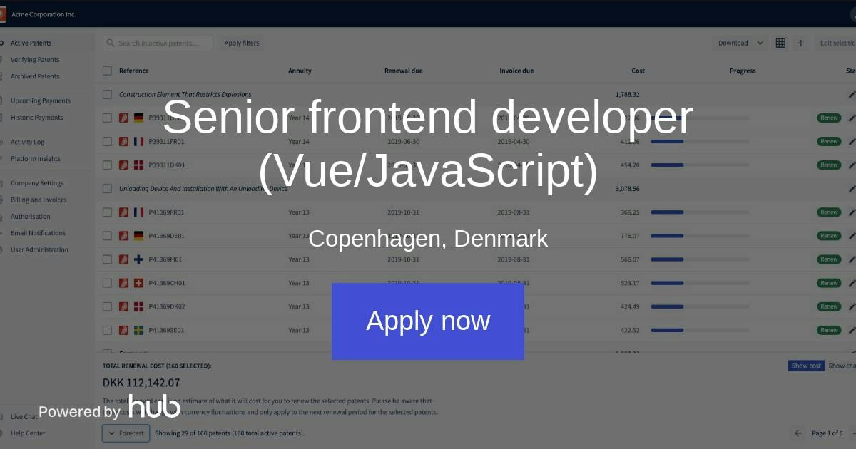 The Hub | Senior frontend developer (Vue/JavaScript) | PatentRenewal.com